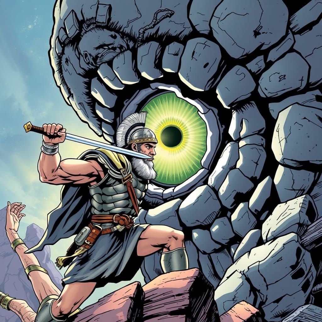 Greek Warrior Battles Cyclops in Comic Book Style