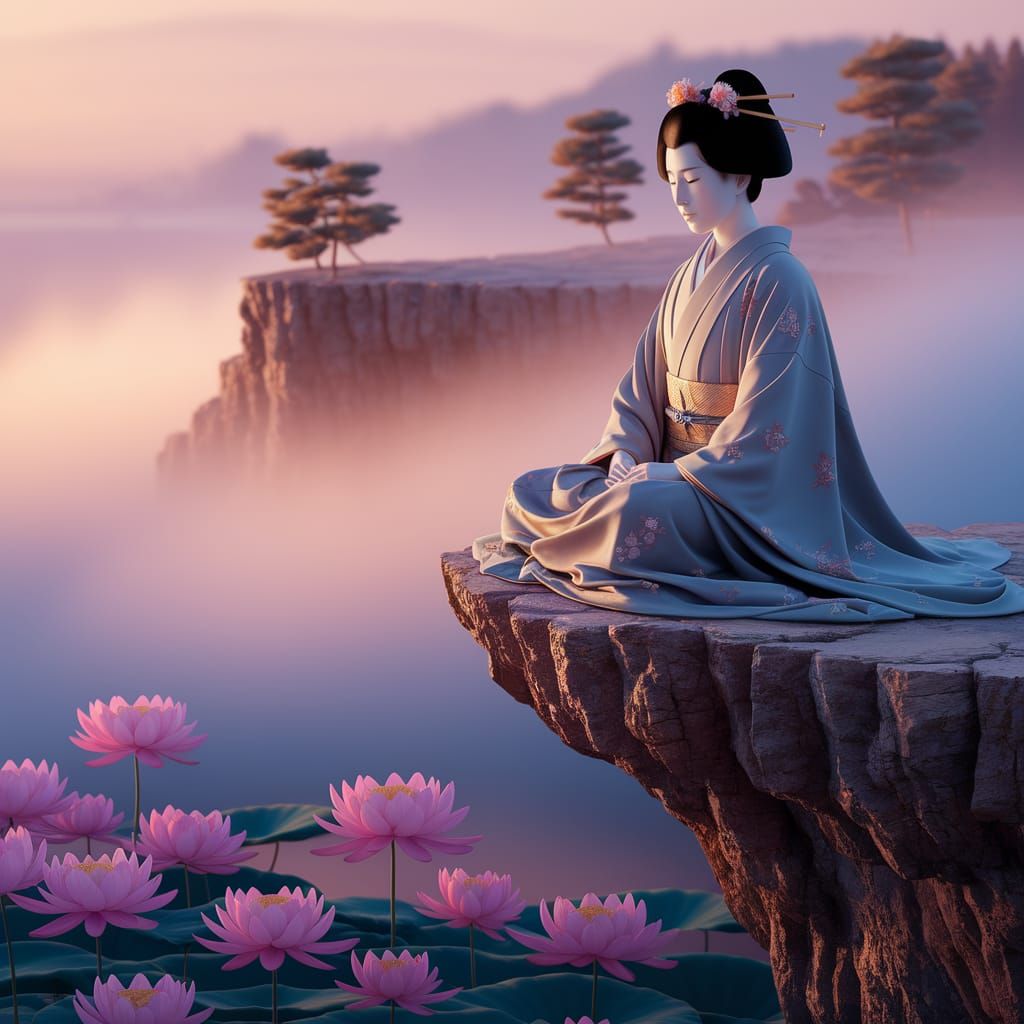 Meditating Figure in Ukiyo-e Style on Cliffside