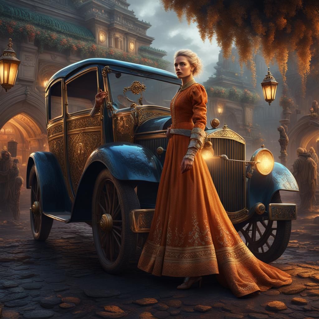 Elegant Blonde Woman Descending from Carriage