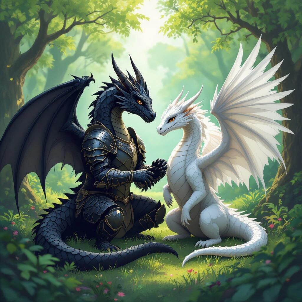 Dragons Playing in a Vibrant Forest, Fantasy Art
