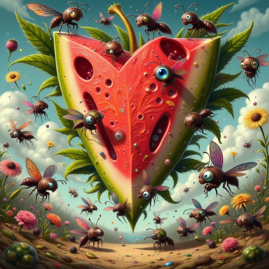 Whimsical Ants Marvel at Towering Fruit in Vibrant Colors