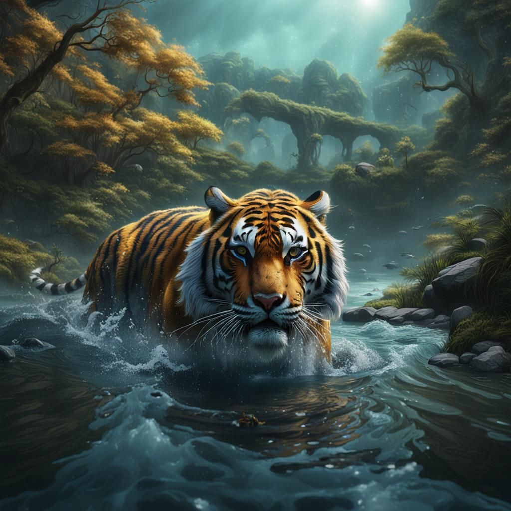 Tiger Swimming in River: Detailed Matte Painting