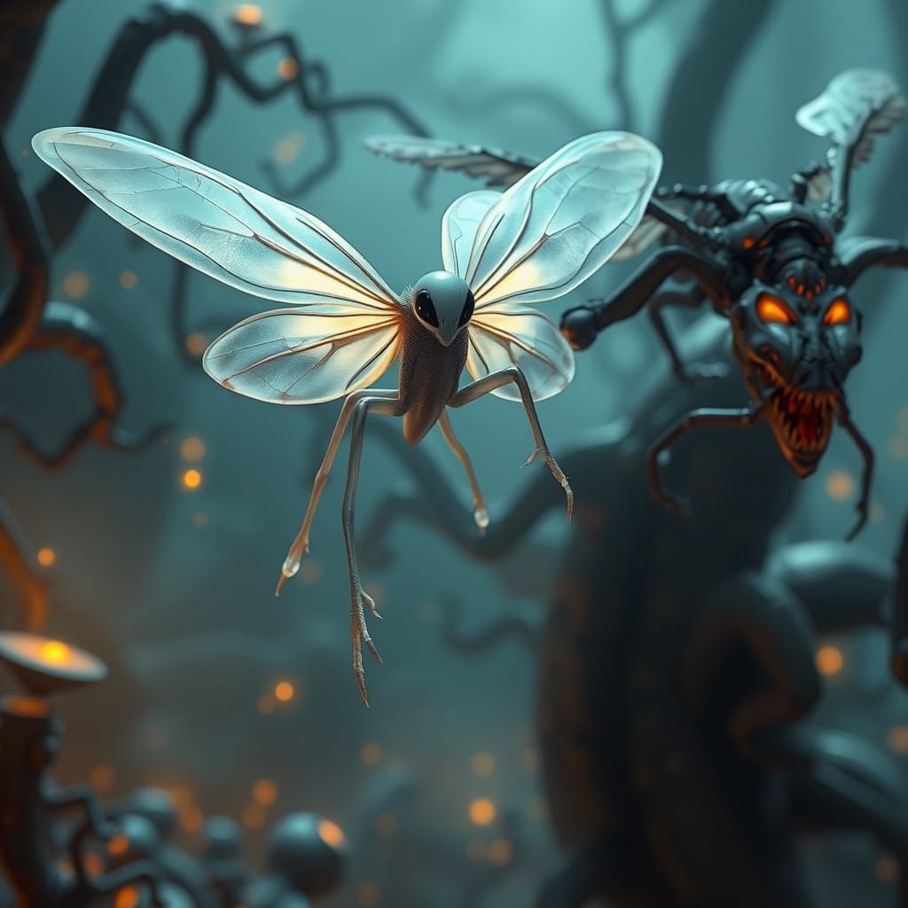Elegant Alien Butterfly in Bioluminescent Landscape
