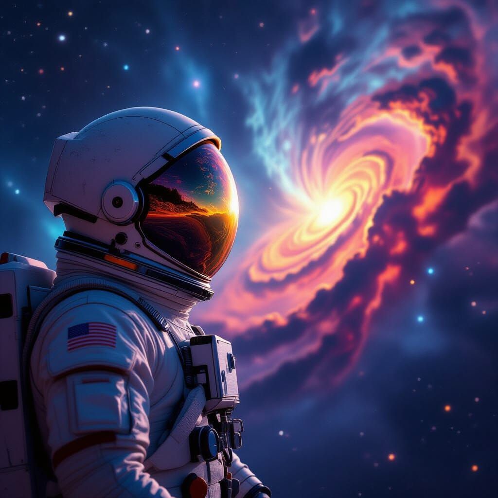 Astronaut Gazes at Vibrant Nebula, Reflecting Alien World