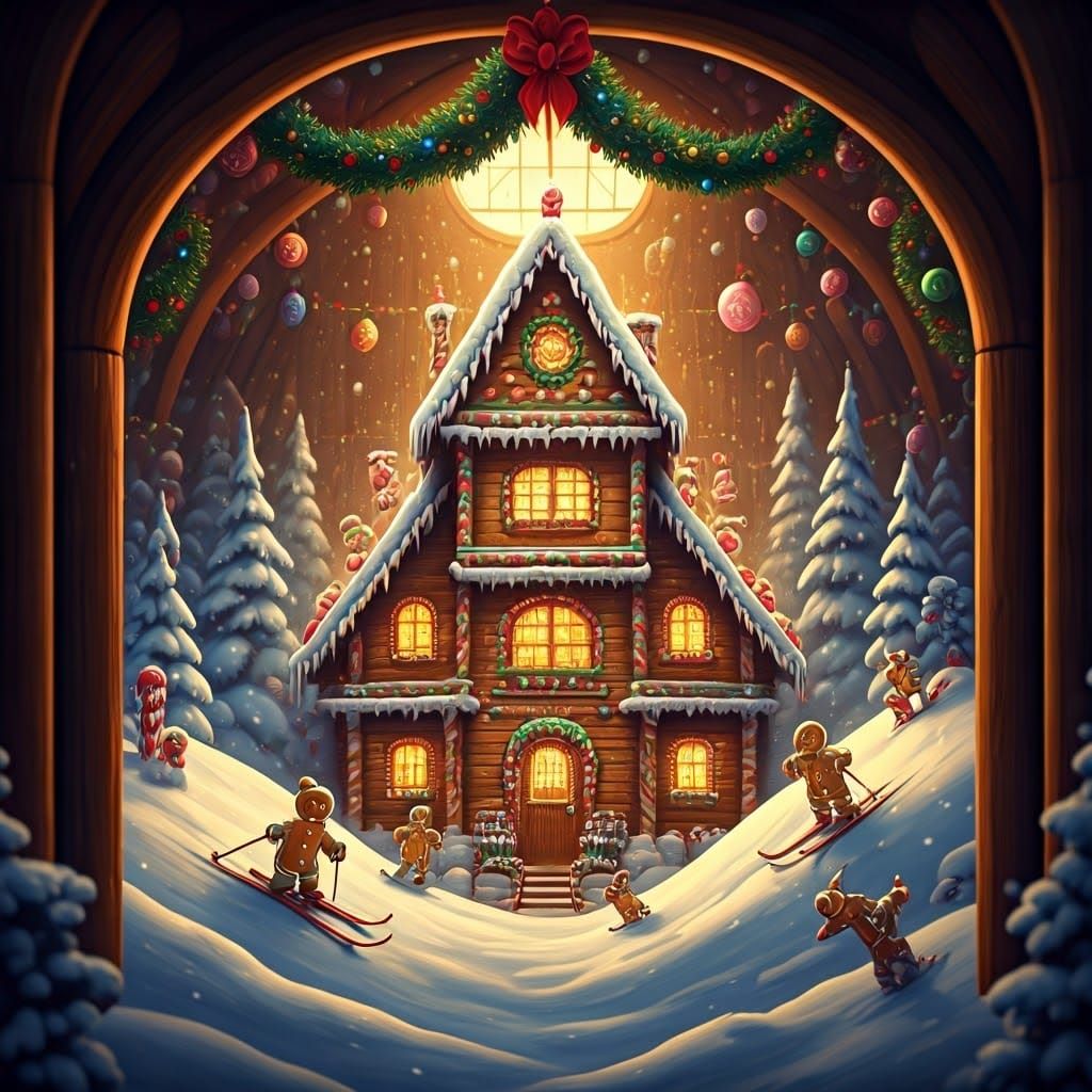 Whimsical Gingerbread Ski Lodge Winter Wonderland Scene