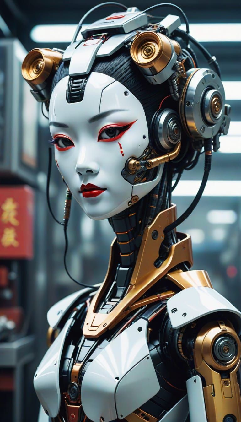 Robotic Geisha Portrait with Hi-Tech Machinery in Cyberpunk ...