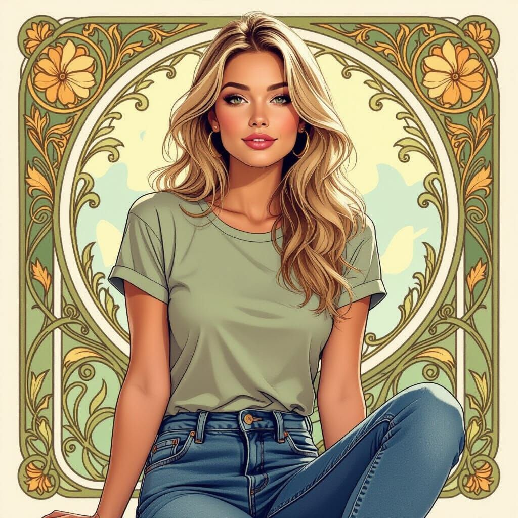 Blonde Woman in Jeans: Art Nouveau Digital Painting