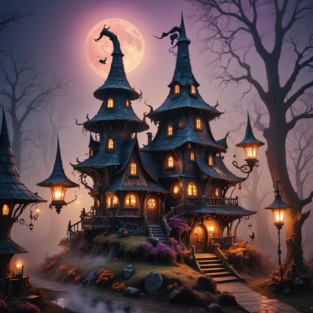 Whimsical Witch's Hat House in Mystical Fog