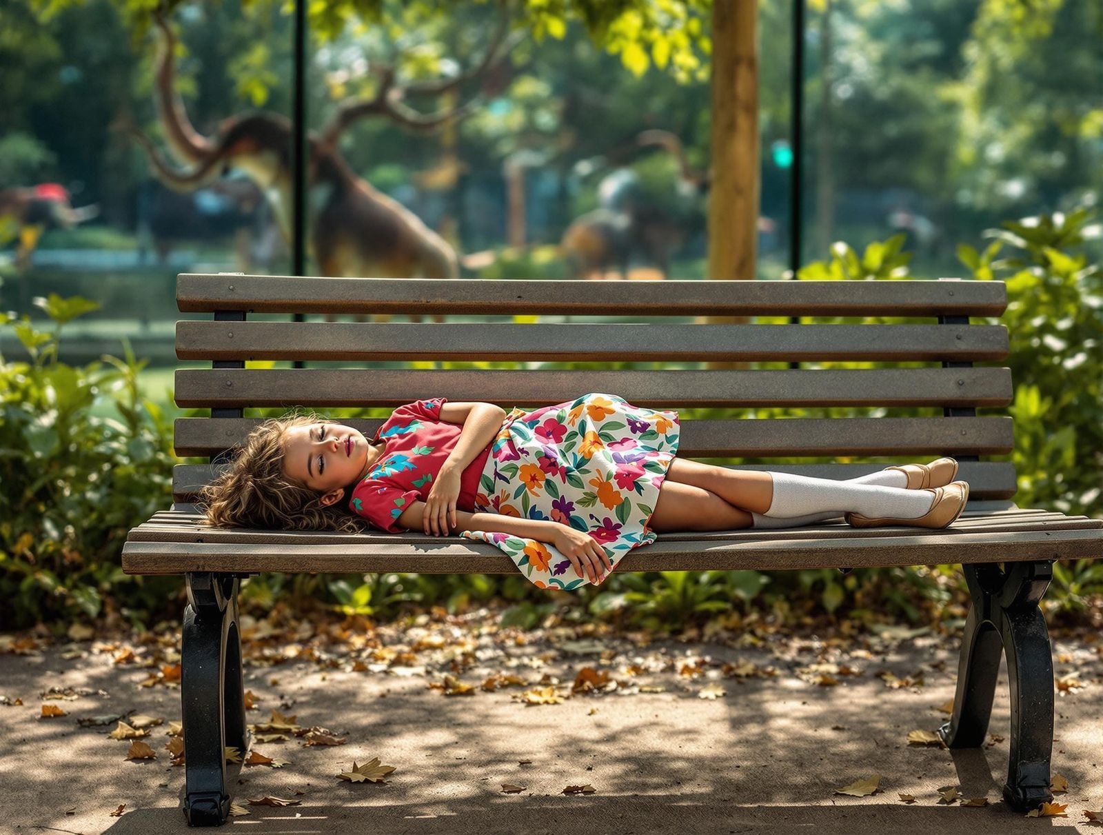 Girl Exhausted on Zoo Bench in Photorealistic Style