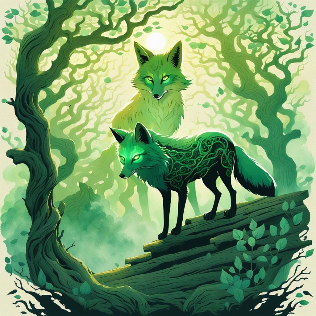 Mystical Mountain Spirit Fox in Hokusai Style