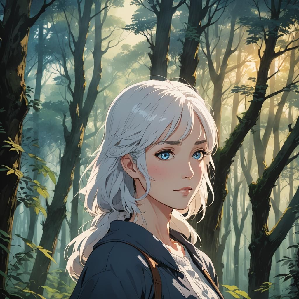 Anime Woman in Forest with Blue Eyes