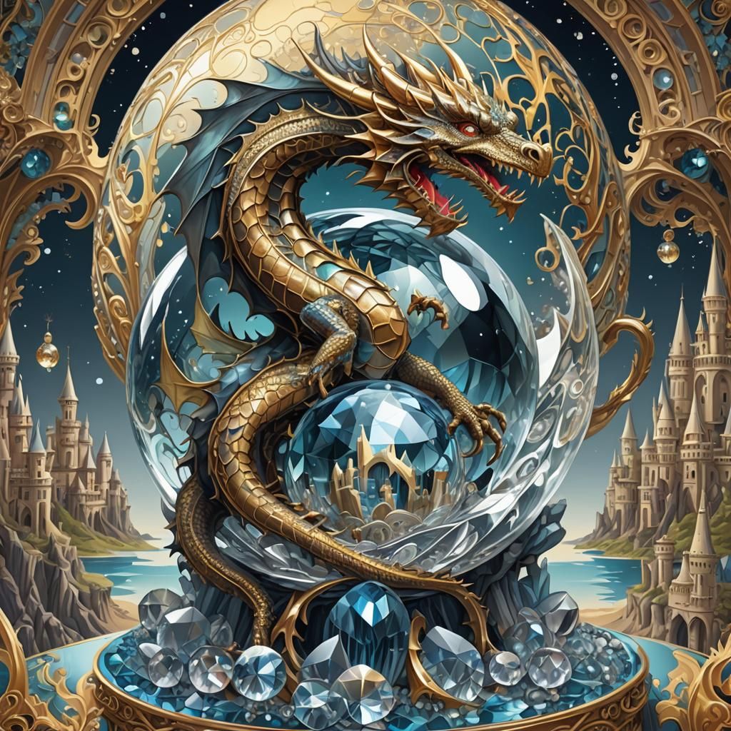 Dragon on Crystal Ball with Castle and Jewels