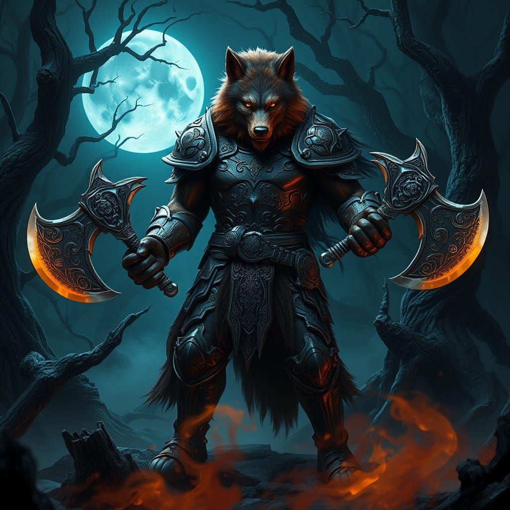 Cyberpunk Werewolf Warrior in Moonlit Forest