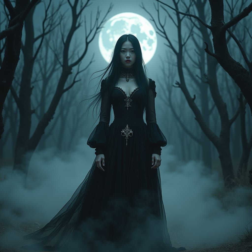 Gothic Asian Woman in Moonlit Fantasy Landscape