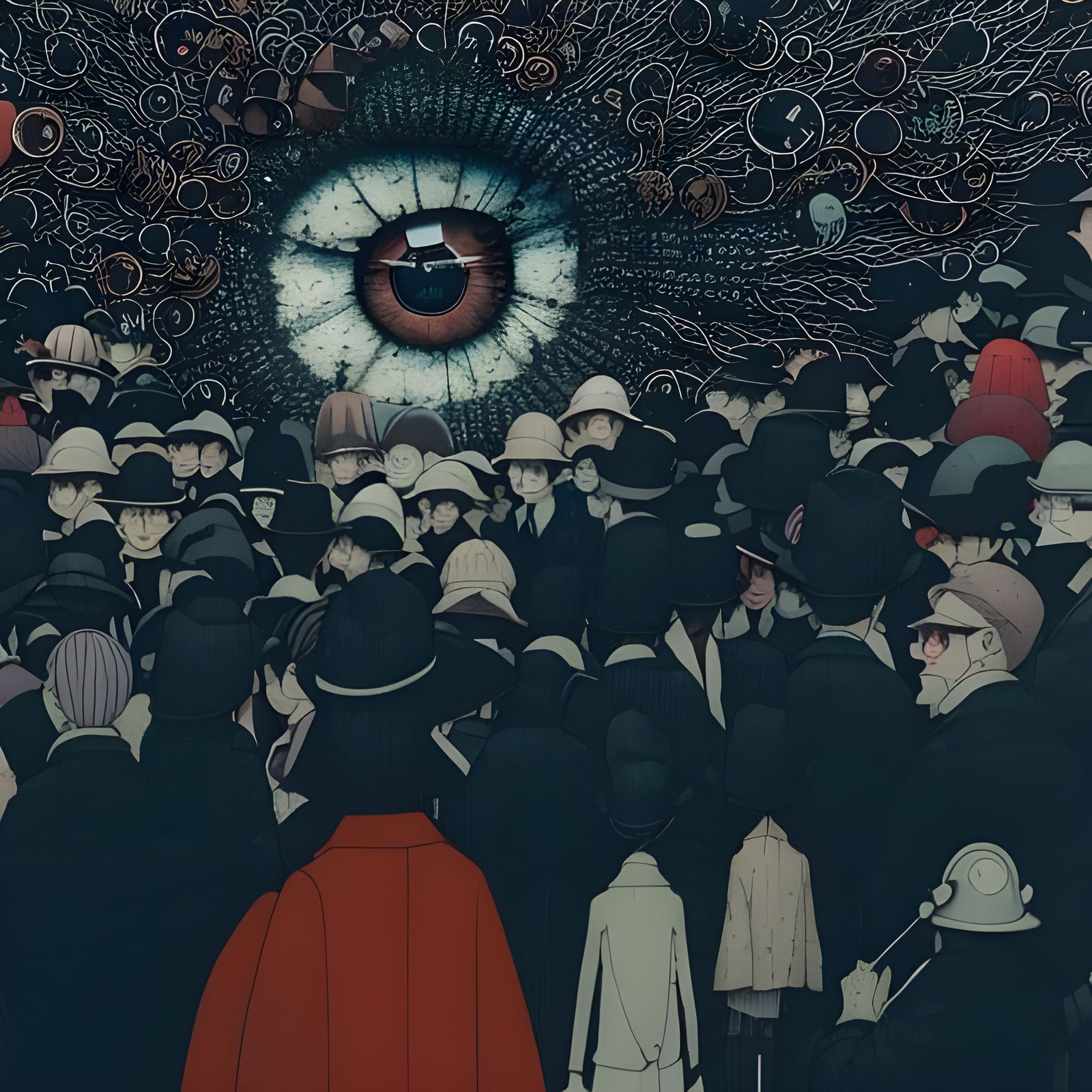 Eye Surrounded by Crowd: Intricate Mixed Media Art