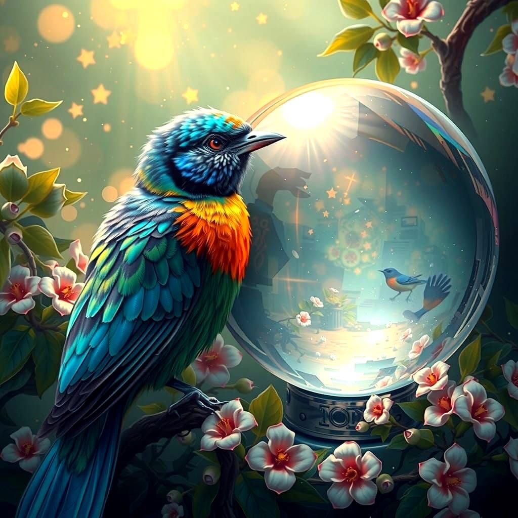 Surreal Bird Contemplates His Reflected Self in a Mystical O...