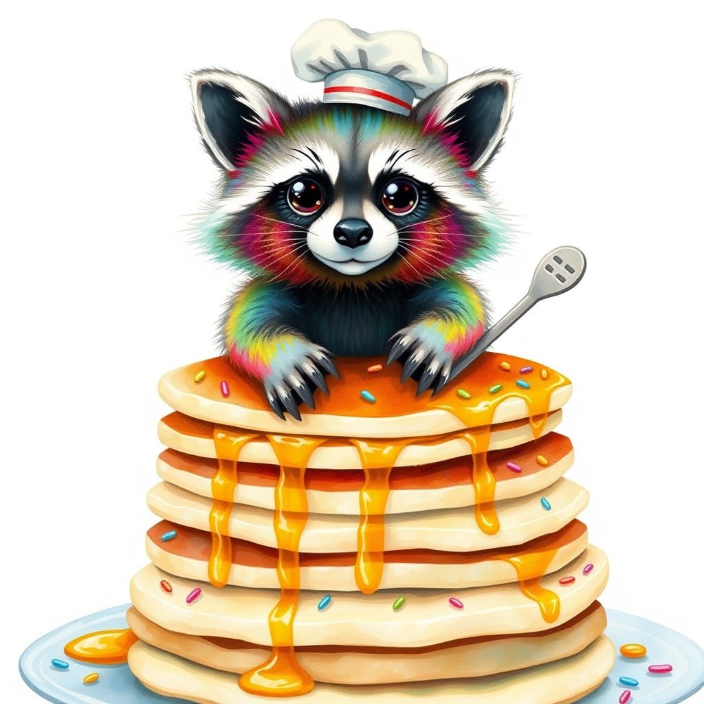 Rainbow Raccoon Chef on Pancake Stack, Watercolor Art