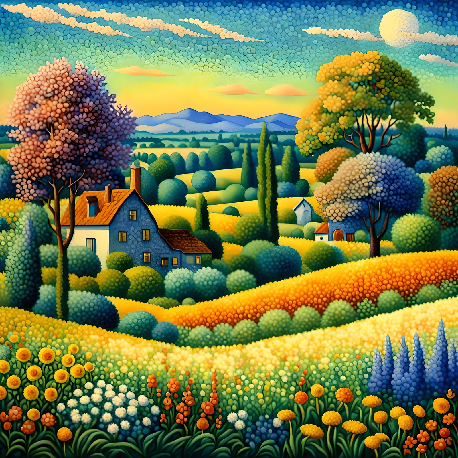 Serene Meadow in Pointillist Style