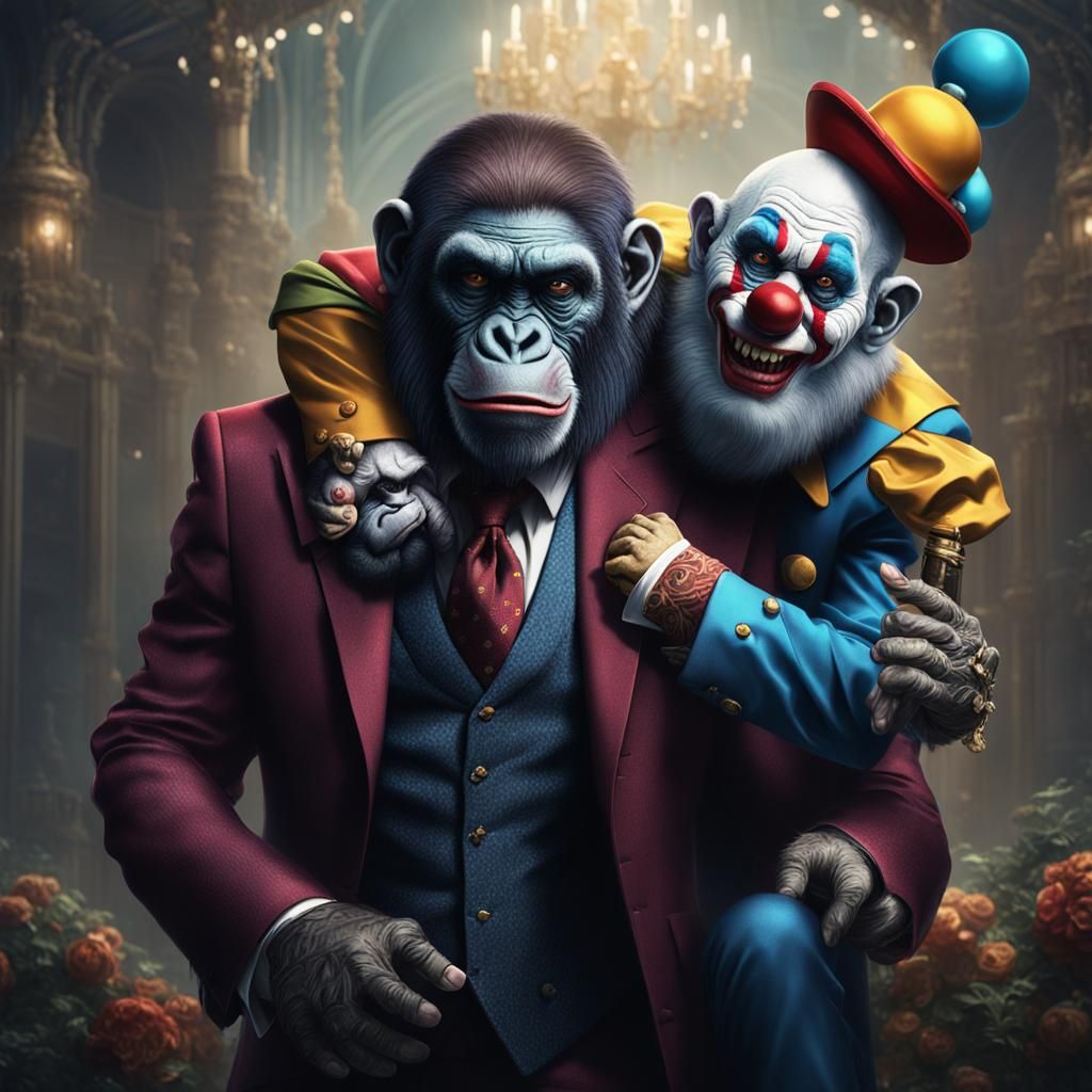 Ape in Suit with Clown: Detailed Matte Painting