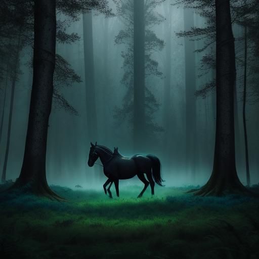 Black Horses in Misty Forest, Oil Painting Style