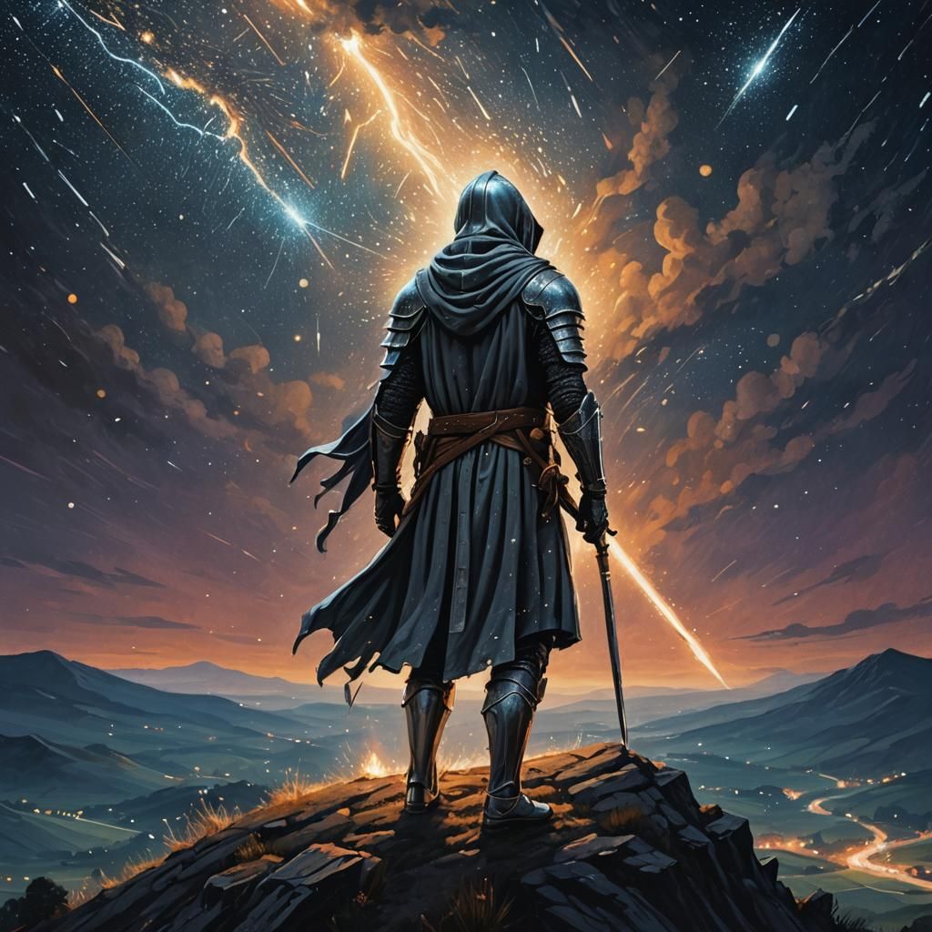 Hooded Knight Watching Cosmic Meteor Shower