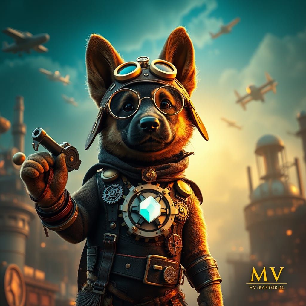 Steampunk Superhero Puppy German Shepherd 3D Render