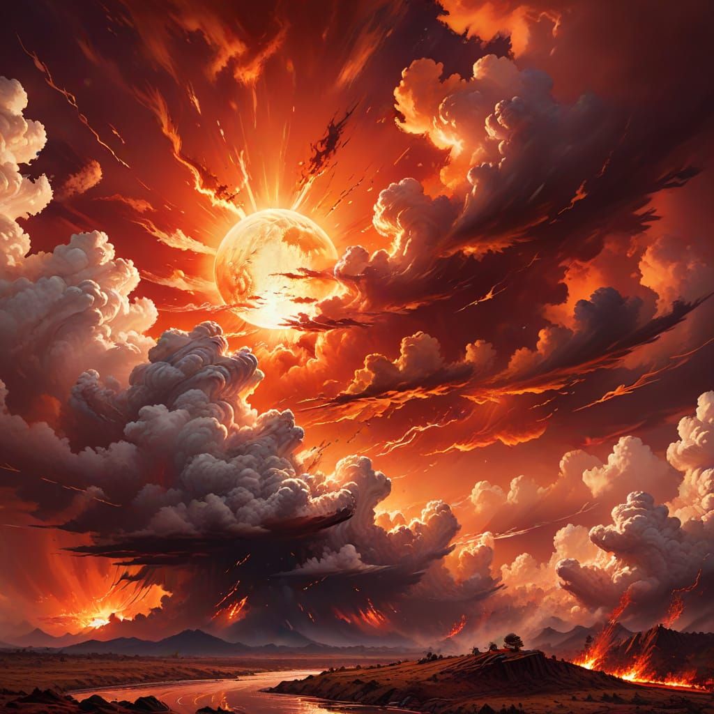 Blazing Sun in Red Sky: Oil Painting Style