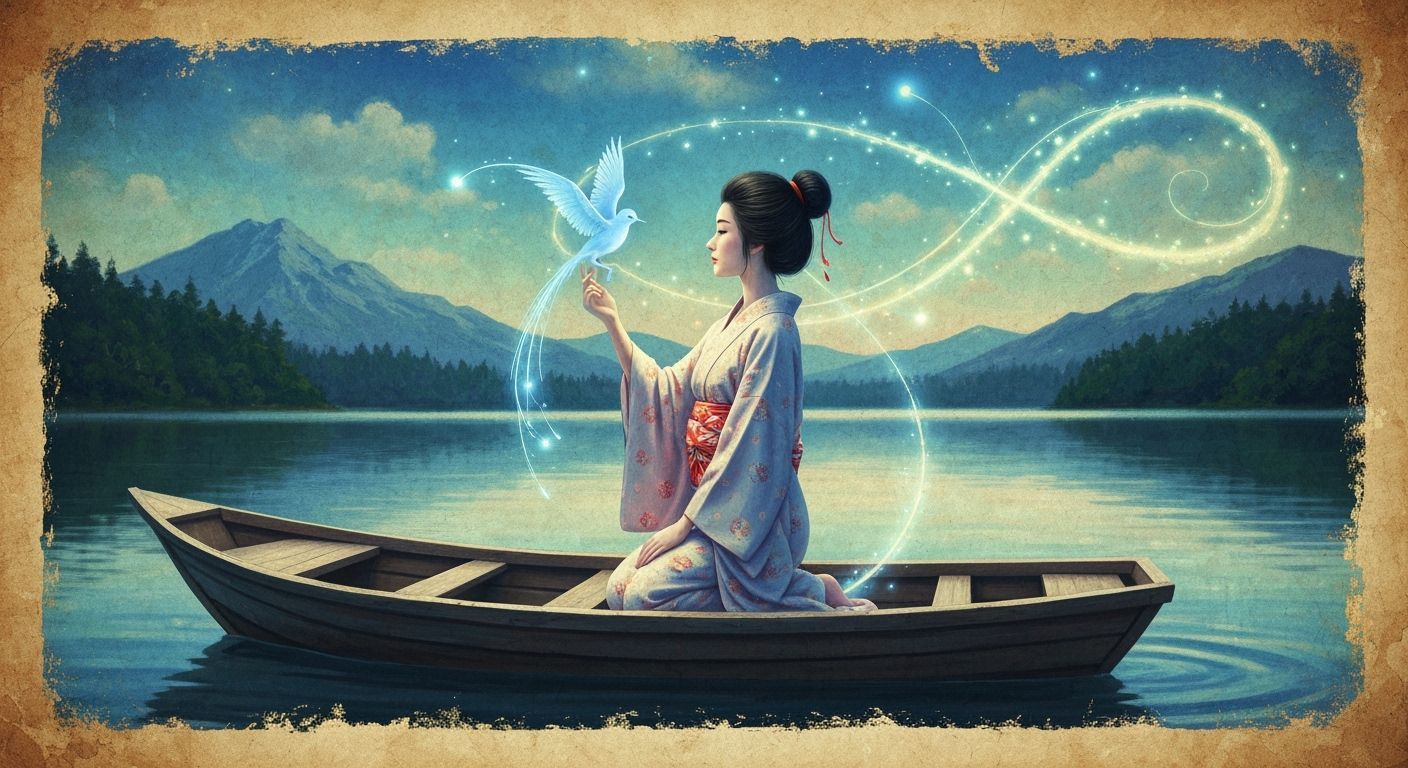 Japanese Beauty With Bioluminescent Bird in Dreamlike Lakesc...