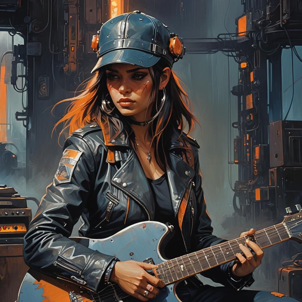 Girl in Leather Playing Guitar: Dark Cinematic Aesthetic