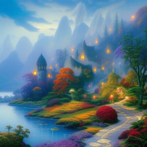 Magic Dragon in Autumn Mist Fantasy Landscape