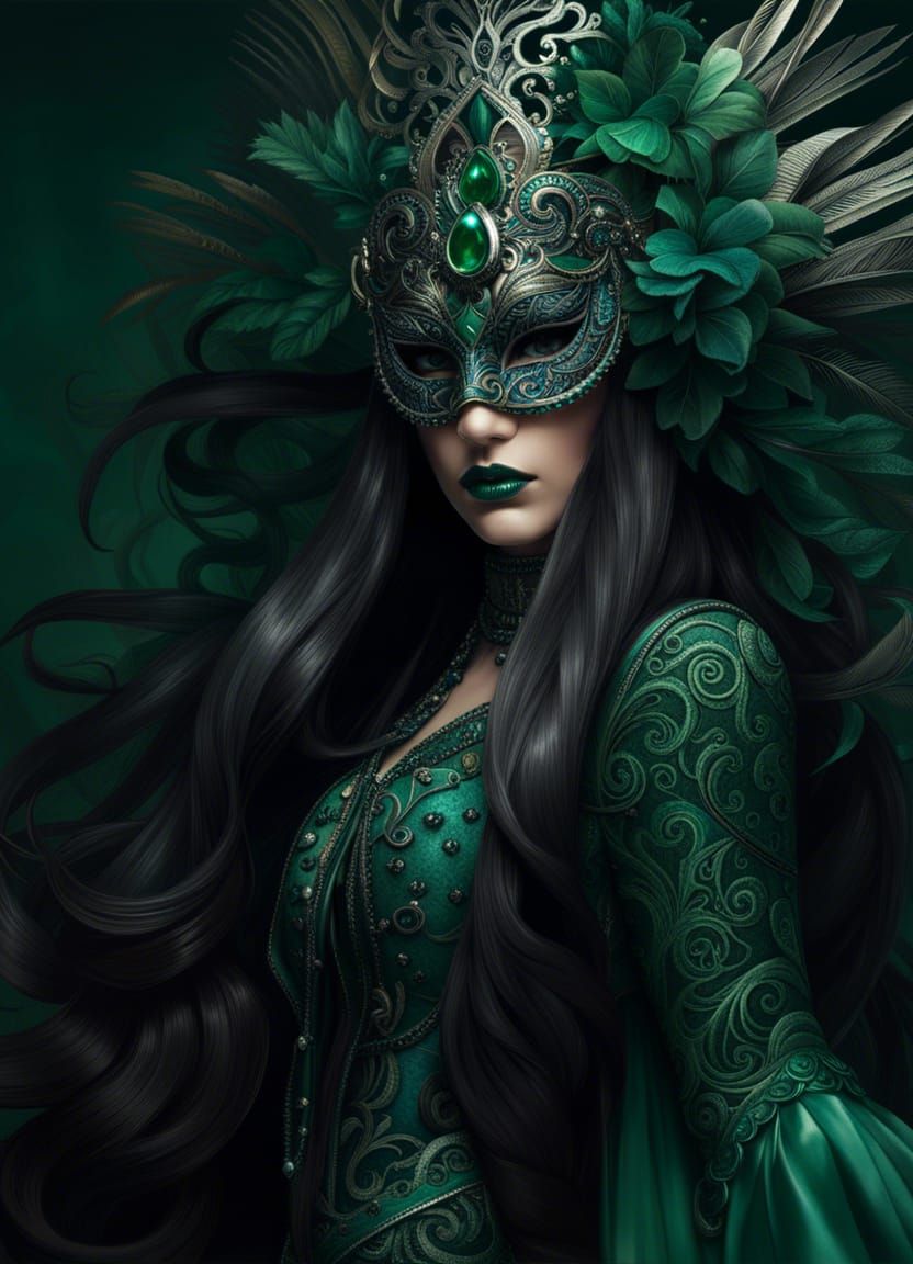 Mysterious Masquerade Queen in Emerald and Silver