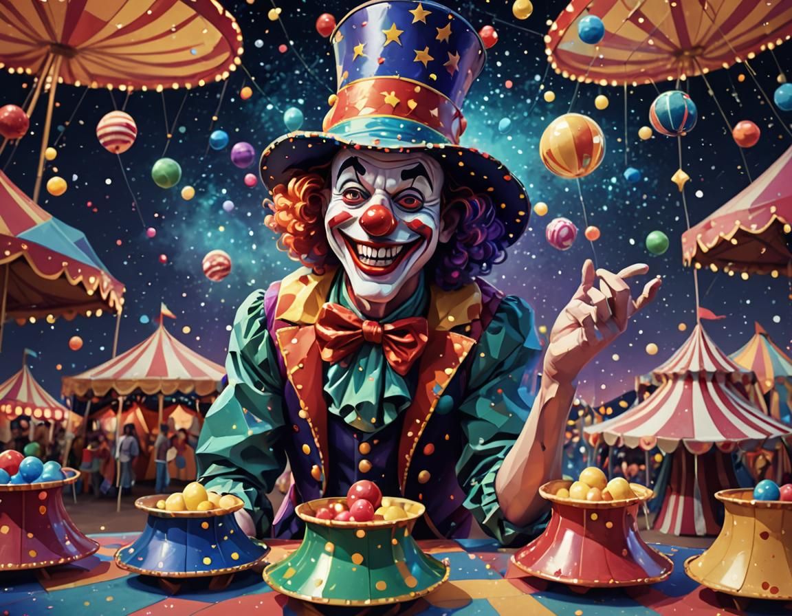 Joyful Clown Juggling Under Starry Circus Tent