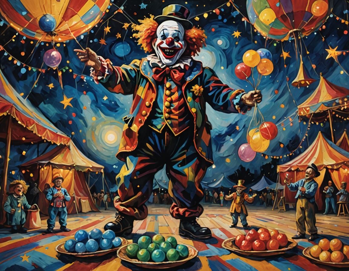 Clown Juggling at Circus Tent in Van Gogh Style