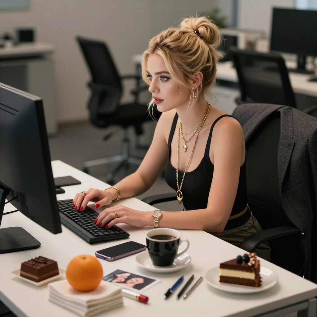 Woman Working on PC in Office with Desk Clutter