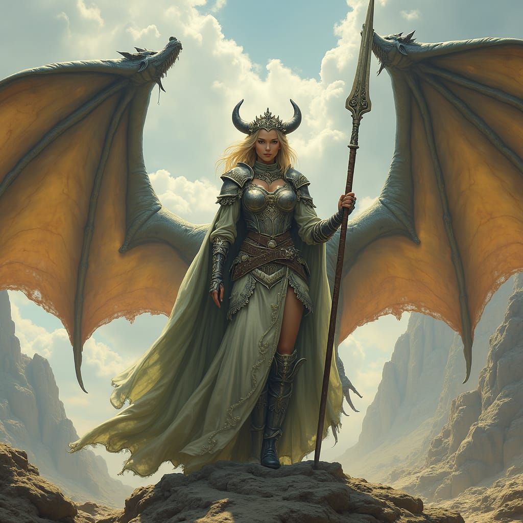 Epic Warrior Queen Surrounded by Majestic Dragons in a Fanta...