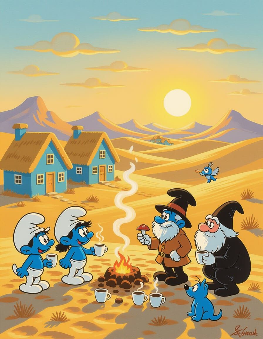 Surreal Desert Scene with Smurf Houses and Fairy Tale Elemen...