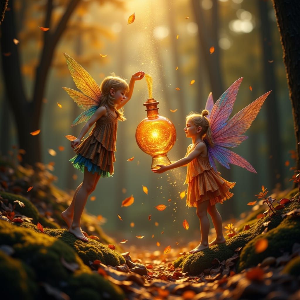 Ethereal Fairy Spills Autumn Potion Over Forest