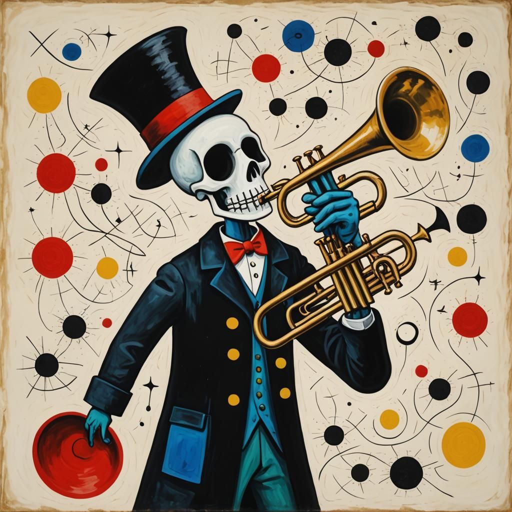 Doctor Death blowing a brass trumpet