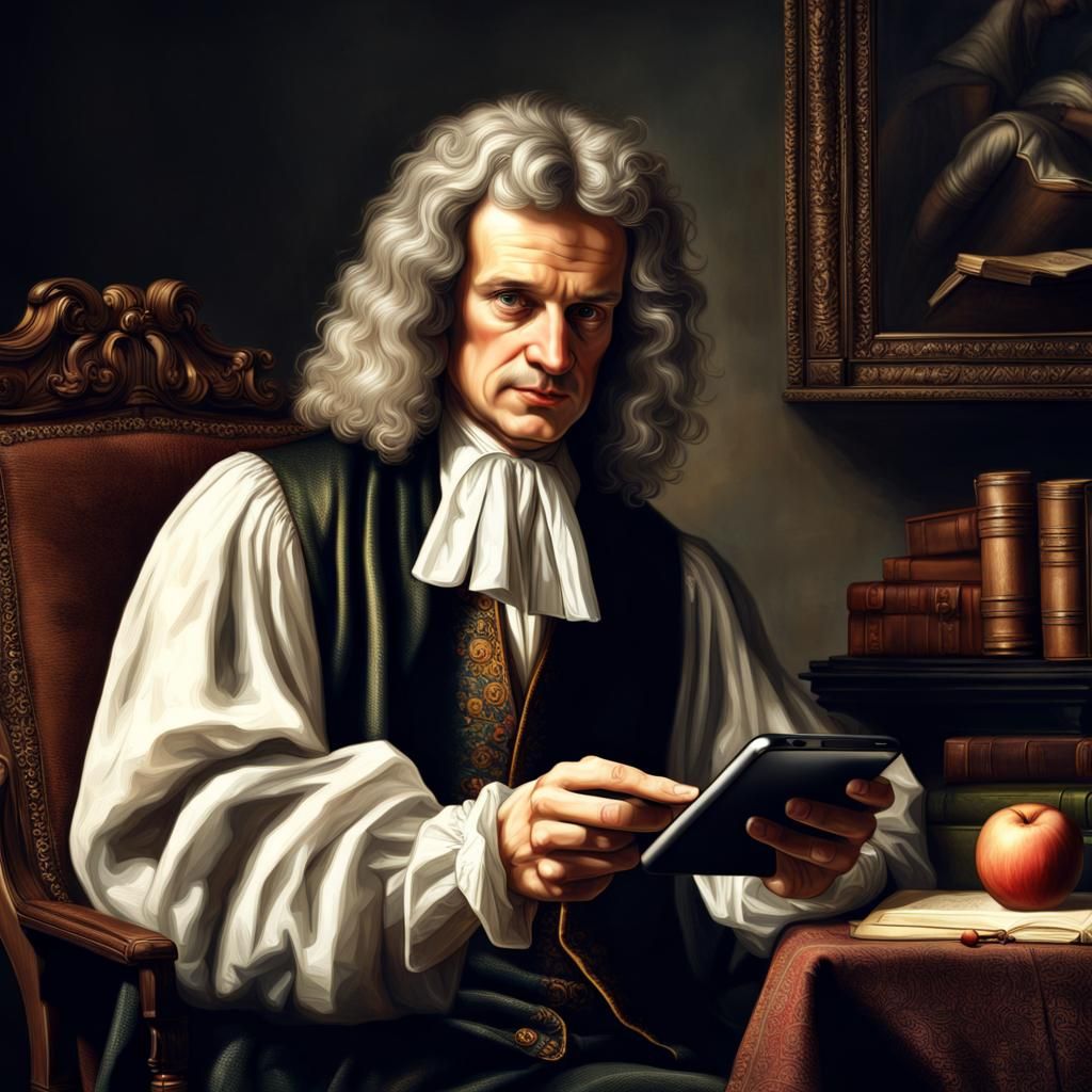Isaac Newton Scrolls on an iPhone: Hyperrealistic Render