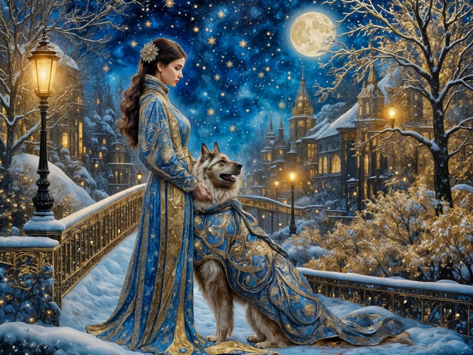 Elegant Woman and Dog in Gilded Winter Cityscape