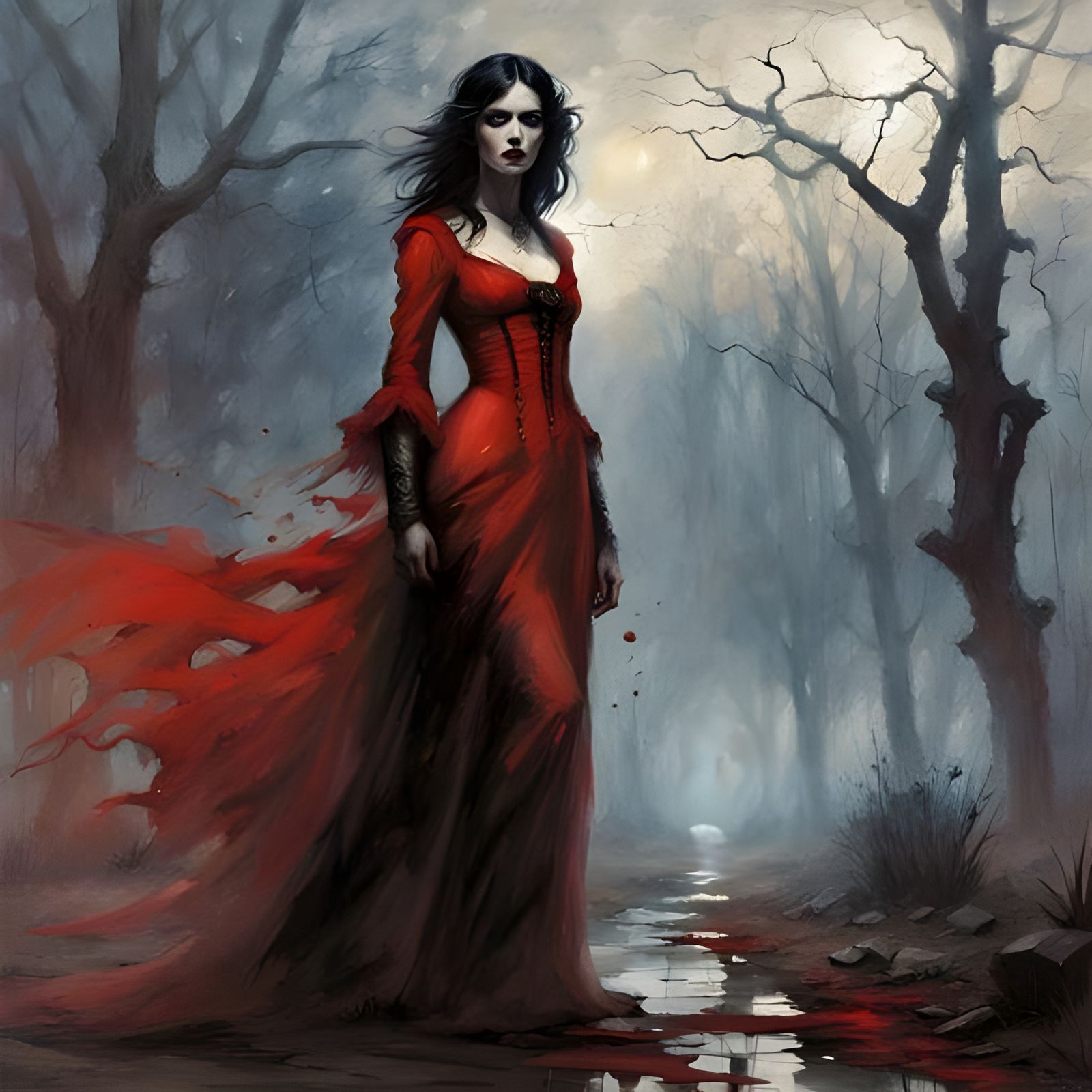 Vampire in Red Dress Amidst Foggy Shadows