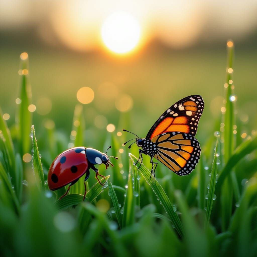 Ladybug and Butterfly in Dew-Covered Meadow