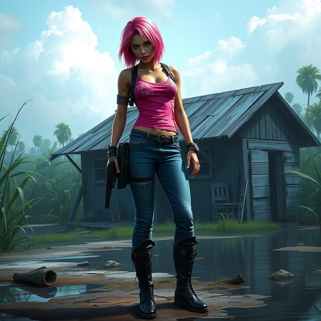 Cyberpunk Biker Woman in Swampy Everglades Landscape