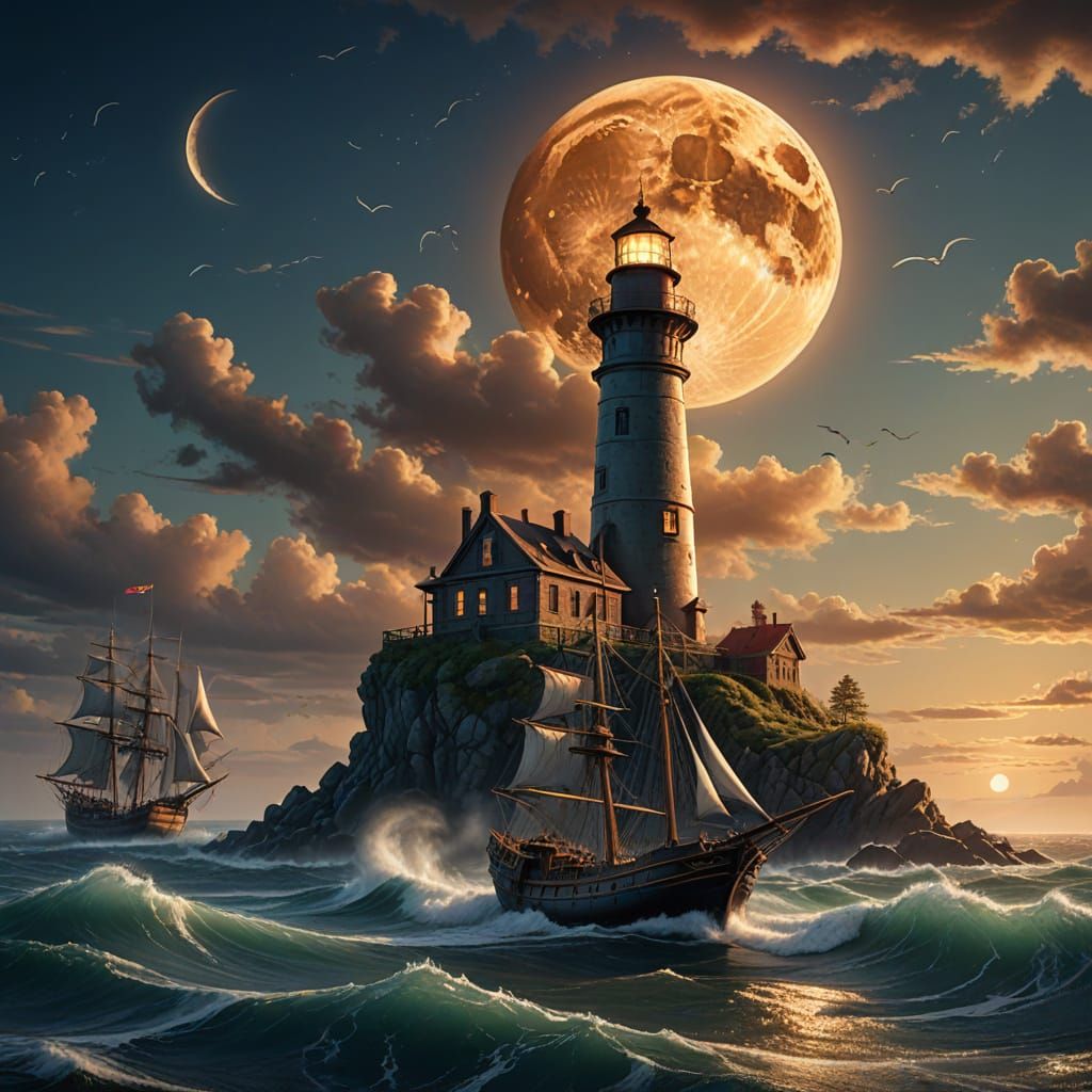 Weathered Lighthouse Under Colossal Bronze Moon