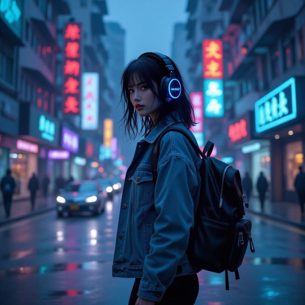 Futuristic Hong Kong Cyberpunk Street Scene at Night