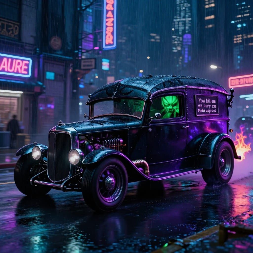 Gothic Hot Rod Hearse in Cyberpunk City