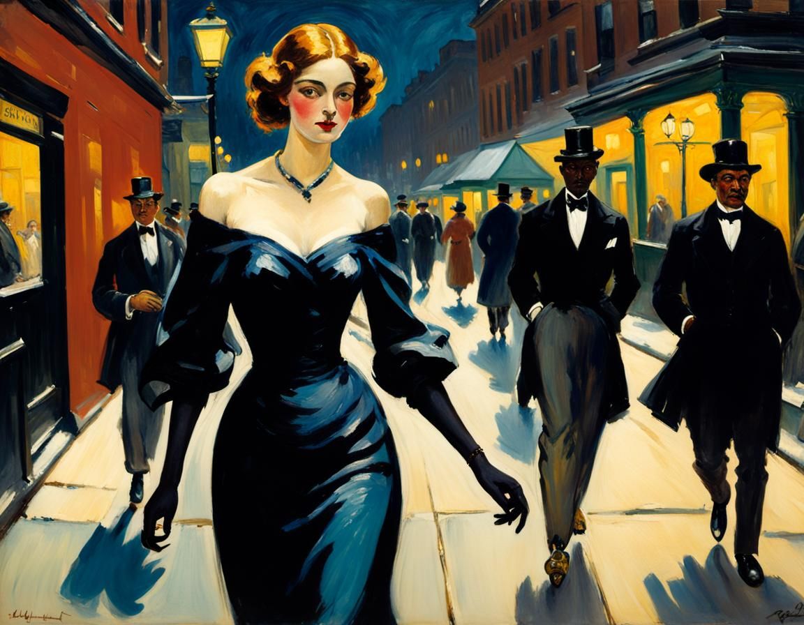 Elegant Woman in City Street: Ashcan School Portrait