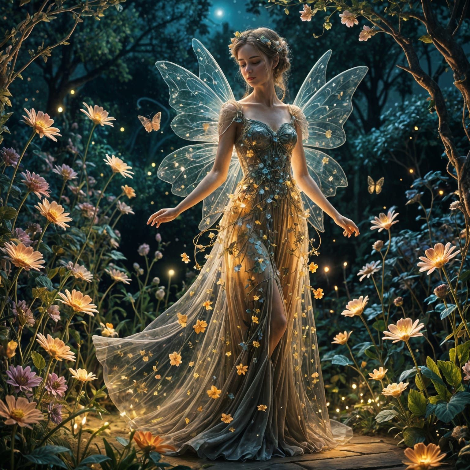 Glowing Fairy in Fantasy Garden: Impasto Oil Painting