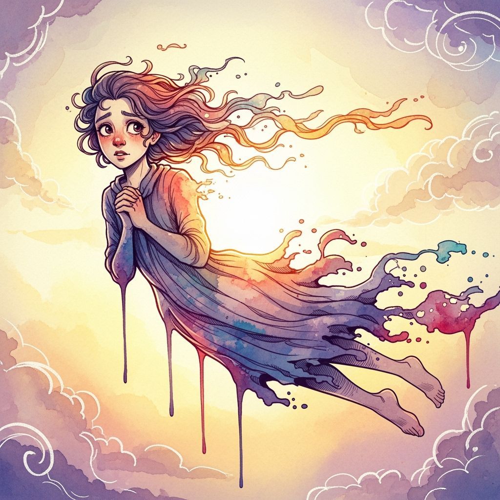 Whimsical Watercolor Figure in Ethereal Flight