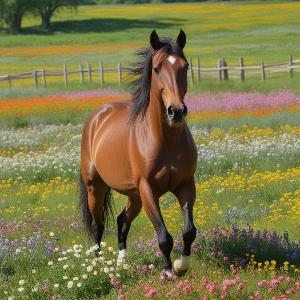 Horse in Whimsical Flower Field Dance